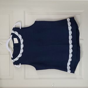 Navy Sleeveless Top with White Lace Trim